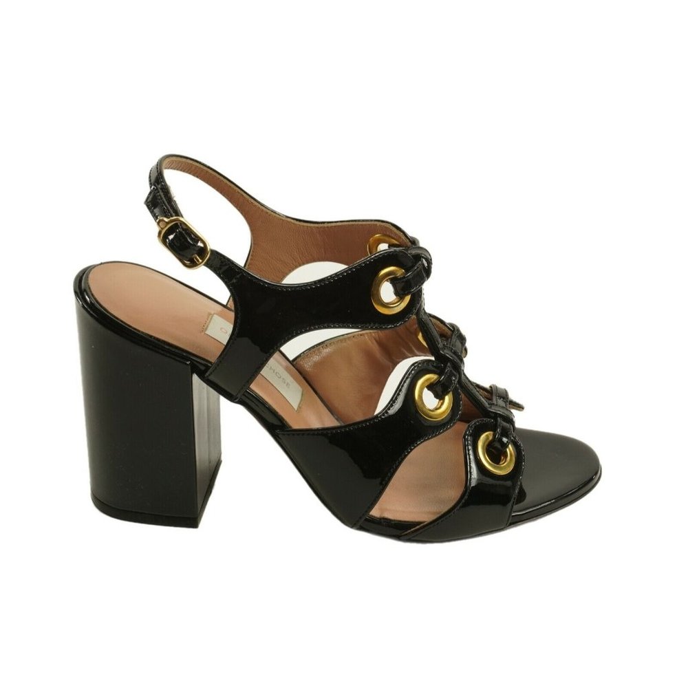 New L'Autre Chose Vernice Size 37 Black Patent Leather‎ Eyelet Slingback Sandal